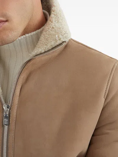 Brunello Cucinelli Suede Curly Shearling Bomber Jacket With Cashmere Knit Collar In Brown