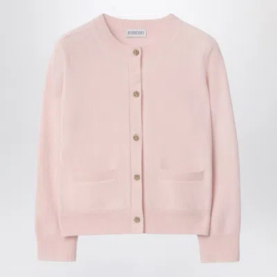 Burberry Pink Wool Blend Cardigan With Check Patches In Pink