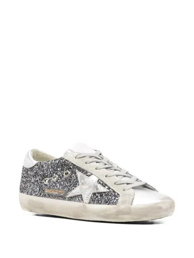 Golden Goose Super-star In Leather With Silver Glitter In Gray