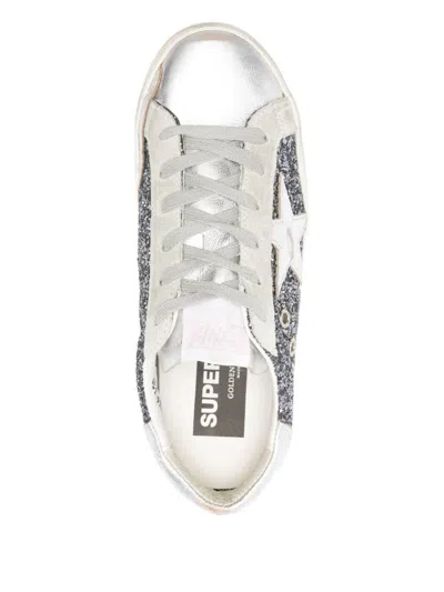 Golden Goose Super-star In Leather With Silver Glitter In Gray