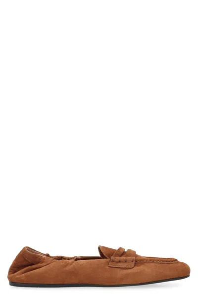 Miu Miu Suede Ruches Loafers In Brown