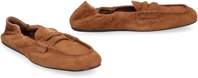 Miu Miu Suede Ruches Loafers In Brown