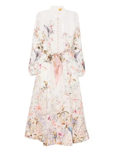 Zimmermann Rebellion Multicolor Midi Dress With Bow Detail On The Front And All-over Floral Print In Linen Woma In Multi