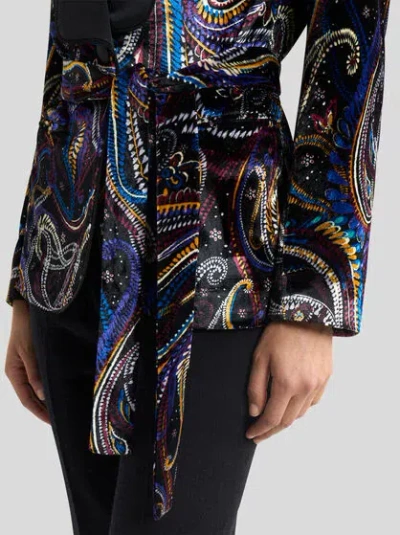 Etro Paisley Foliage Motif Belted Velvet Blazer In Black