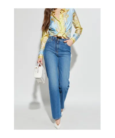 Versace Multicolor Long-sleeved Shirt With Pointed Collar And All-over Baroque Print In Silk For Women
