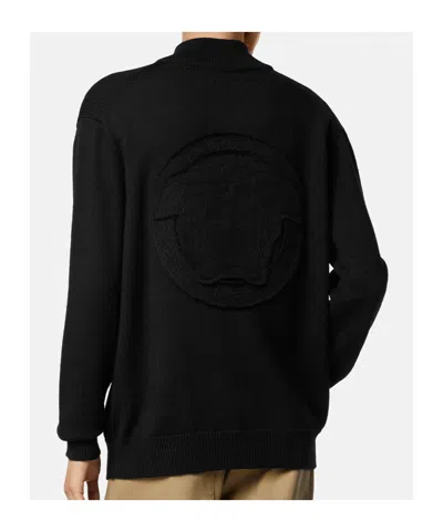 Versace Medusa Patch Embroidered Biggie Hardware Sweater With High Neck Zip Placket In Black