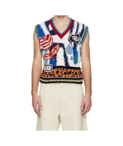 Marni Floral-applique V-neck Sweater In Blue