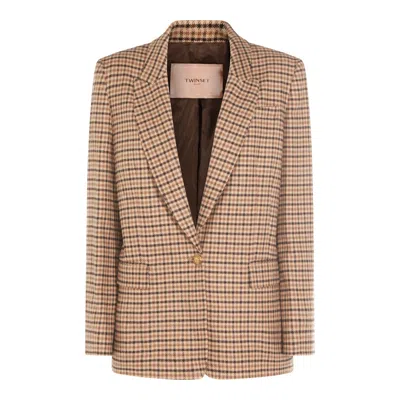 Twinset Checked Blazer With Front Pockets And Long Sleeves In Brown