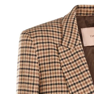 Twinset Checked Blazer With Front Pockets And Long Sleeves In Brown