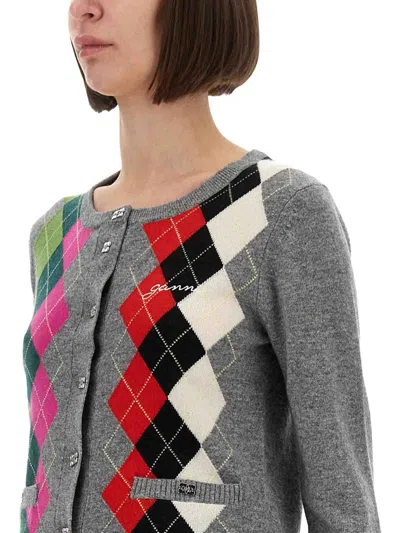 Ganni Argyle-pattern Logo-embroidered Cardigan In Multi