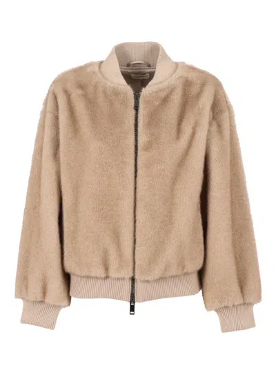 P.a.r.o.s.h Beige Faux Fur Bomber Jacket In Brown