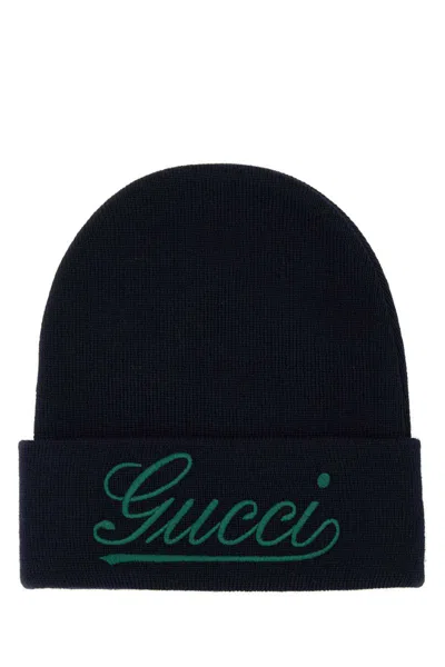 Gucci Dark Blue Wool Beanie Hat In Black