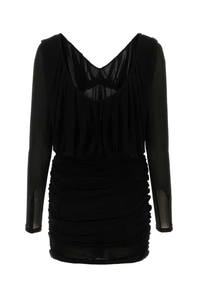 Saint Laurent Fitted Mini Dress With V-neck And Ruched Sheer Sleeves In Black