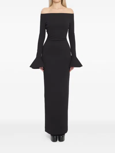 Solace London Anica Black Long Dress With Square Neckline And Flared Cuffs In Fabric Woman In Black
