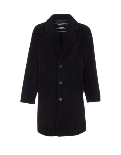 Herno Long Sleeve Notched Lapel Coat With Pockets In Black