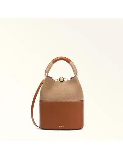 Furla Sfera S Bucket Bag In Leather And Fabric, Cognac Color In Multi