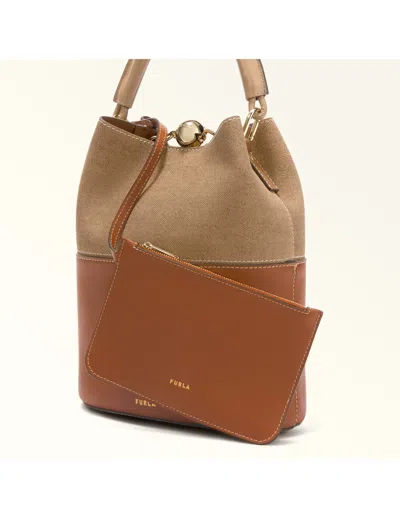 Furla Sfera S Bucket Bag In Leather And Fabric, Cognac Color In Multi