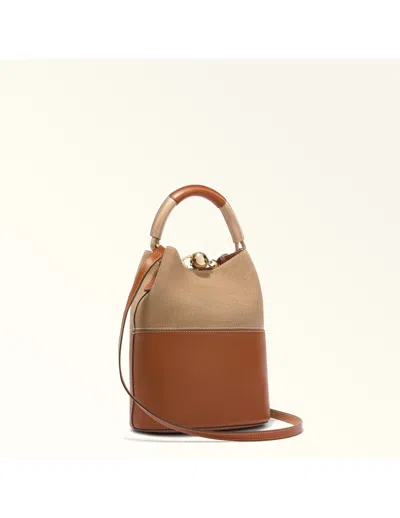 Furla Sfera S Bucket Bag In Leather And Fabric, Cognac Color In Multi