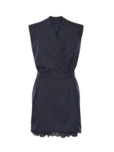 Pinko Short Sleeveless Dress In Houndstooth Wool In Blue