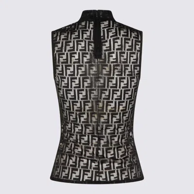 Fendi Women Black Crewneck Sleeveless Top With All-over Ff Motif And Rear Zip Closure In Tech Fabric In Black