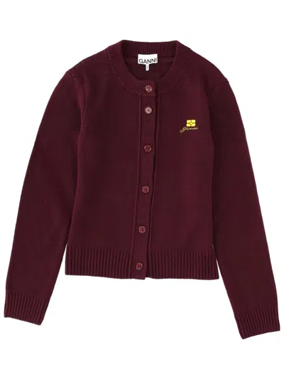 Ganni Cardigan With Logo In Burgundy