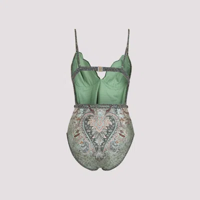 Zimmermann Wanderlust Belted Embellished Scalloped Printed Swimsuit In Green