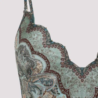 Zimmermann Wanderlust Belted Embellished Scalloped Printed Swimsuit In Green