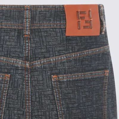 Fendi Flared Midi Denim Skirt With All-over Quilted Ff Motif Clothing In Gray