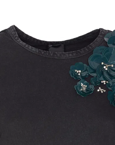 Pinko Front Sequins Floral Short Sleeve Top In Black
