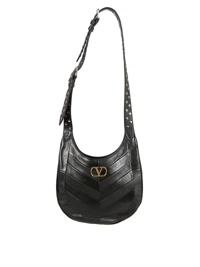 Valentino Garavani  Garavani Hoboho Small Hobo Bag In Chevron-patterned Nappa Leather Woman In Black