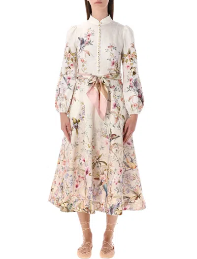 Zimmermann Rebellion Multicolor Midi Dress With Bow Detail On The Front And All-over Floral Print In Linen Woma In Multi
