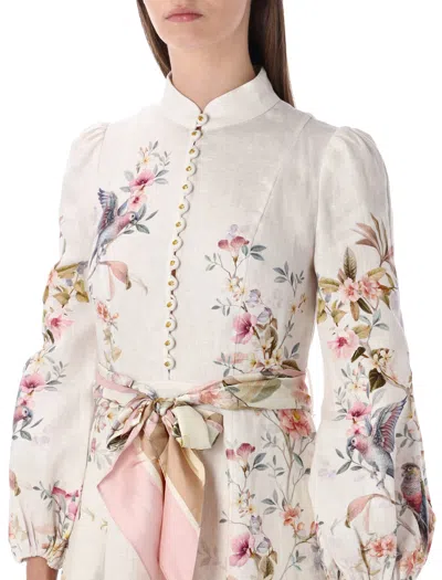 Zimmermann Rebellion Multicolor Midi Dress With Bow Detail On The Front And All-over Floral Print In Linen Woma In Multi