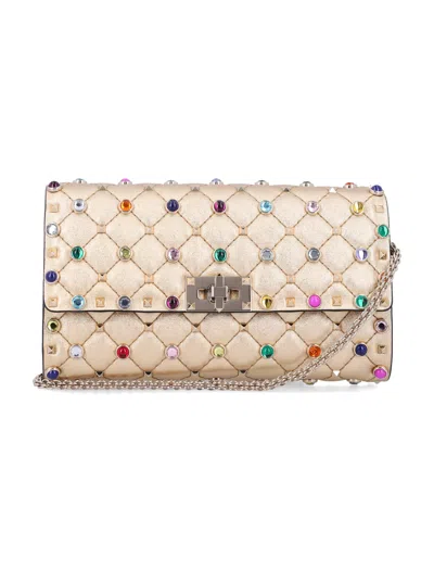 Valentino Garavani Rockstud Spike Multicolor Studded Shoulder Bag In Metallic Nappa In Neutral