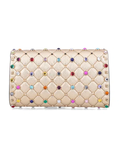 Valentino Garavani Rockstud Spike Multicolor Studded Shoulder Bag In Metallic Nappa In Neutral