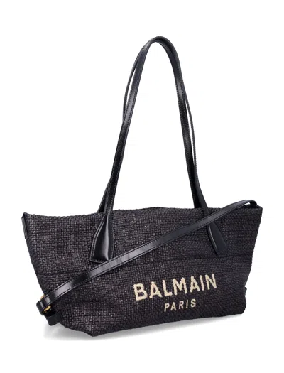 Balmain Women Calfskin And Raffia Track Shoulder Bag In Black