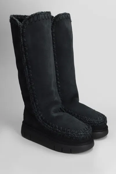 Mou Eskimo Bounce 40 Low Heels Boots In Black Suede In Black