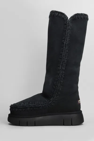 Mou Eskimo Bounce 40 Low Heels Boots In Black Suede In Black