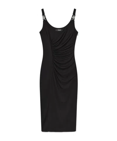 Versace Neutrals Ruched Scoop Neck Viscose Midi Dress In Black