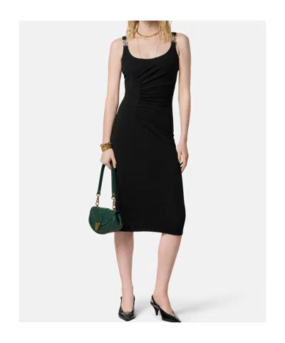 Versace Neutrals Ruched Scoop Neck Viscose Midi Dress In Black
