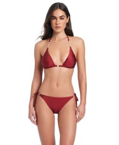 Red Carter Pearls Of Wisdom Classic Triangle Bikini Halter Bra Cheeky Coverage Tie Side Bottom In Burgundy
