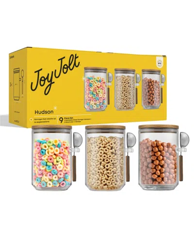 Joyjolt Holden Stackable Glass Storage Canister With Wood Lids And Scoops, Set Of 3 In Transparent