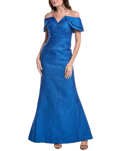 Teri Jon By Rickie Freeman Jacquard Off Shoulder Portrait Gown In Blue