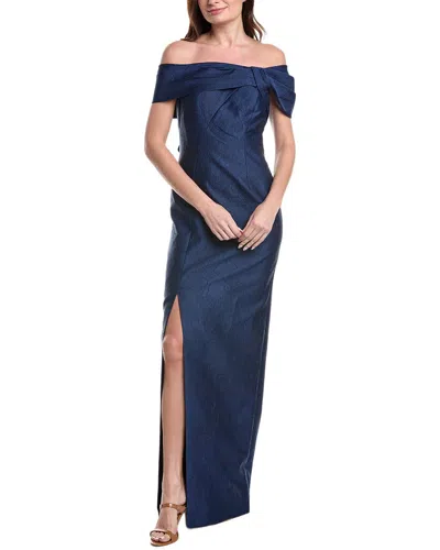 Teri Jon By Rickie Freeman Jacquard Asymmetrical Portrait Bow Shoulder Gown In Blue