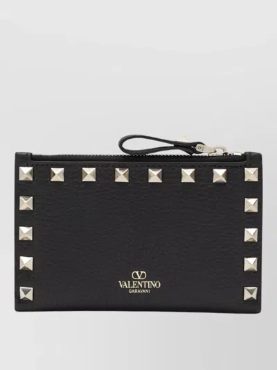 Valentino Rockstud Leather Zip Around Card Holder In Black