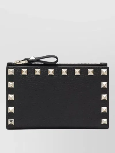 Valentino Rockstud Leather Zip Around Card Holder In Black