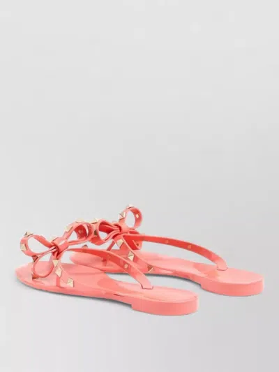 Valentino Rockstud Sandals Flat Sole Bow Detail In Pink