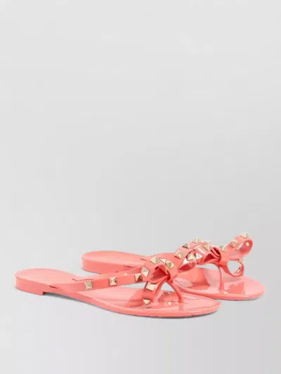 Valentino Rockstud Sandals Flat Sole Bow Detail In Pink
