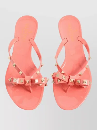 Valentino Rockstud Sandals Flat Sole Bow Detail In Pink