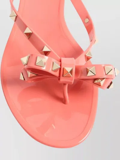 Valentino Rockstud Sandals Flat Sole Bow Detail In Pink