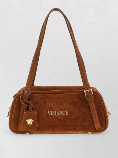 Versace Shoulder Bag Suede Finish Double Handles In Brown